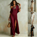 summer european and american cross-border  independent station new arrivalelegance short sleeve cotton and linen pleated slit women's dress