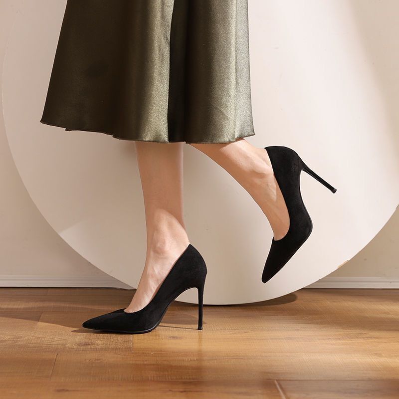 High heels for women 2024 spring and autumn new arrival black stiletto pointed toe flats suede professional shoes exportplus size etiquette shoes