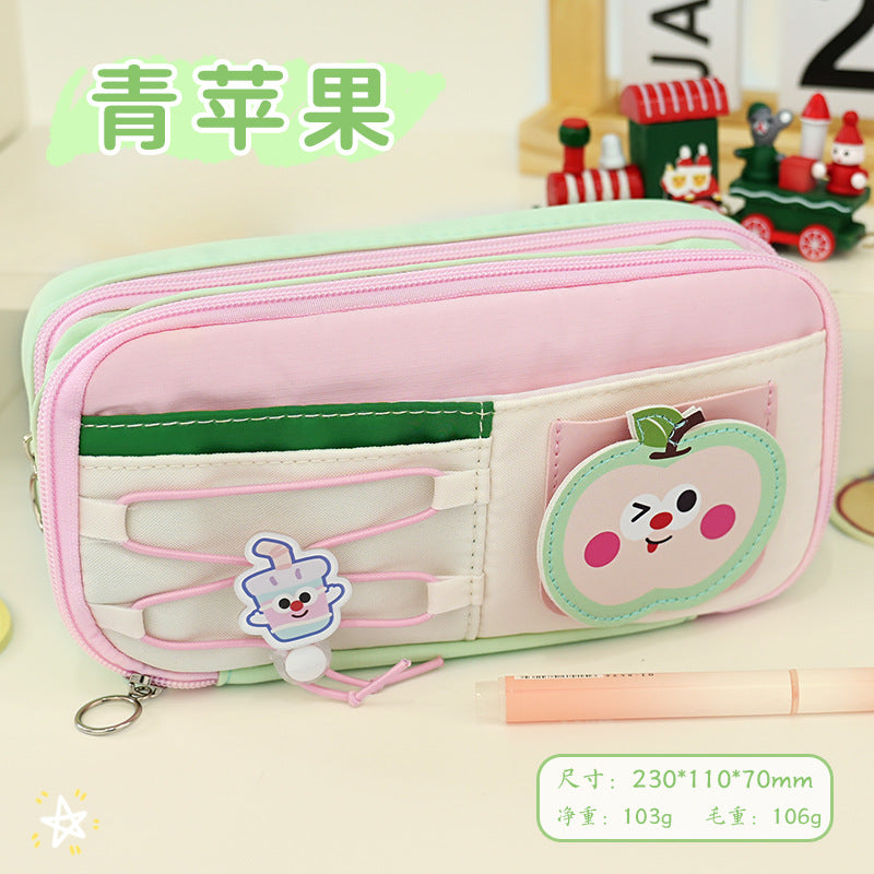 School season pencil bag large capacity cute cute apple pencil bag primary school students multi-layer stationery bag drawstring high value