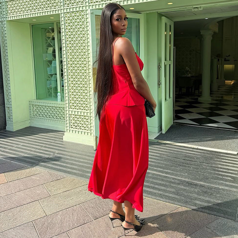 European and american cross-border women's fashion:  summer new arrivals - sexy strappy cami top and high-waisted midi skirt set