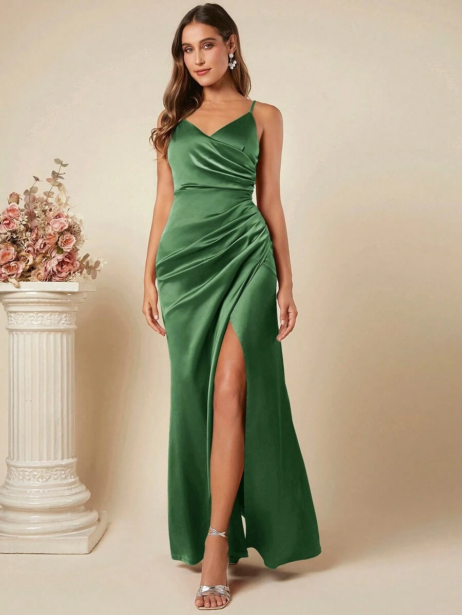 European and american cross-border women's spring/summer new satin slip dress, sexy ruched skirt for foreign trade, bridesmaid dress