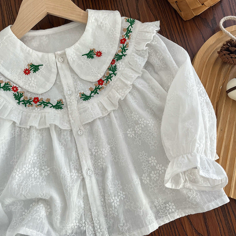 Girls' blouse - new autumn  collection: embroidered floral long-sleeve top, sweet and stylish for kids, perfect as a base layer or standalone