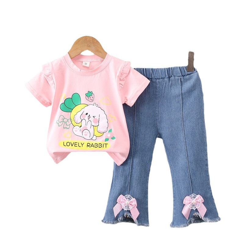 Girls' denim two-piece set: butterfly appliqué jeans & cute bunny top - new summer  collection