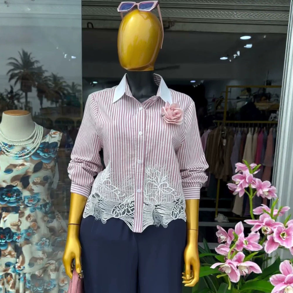European and american cross-border women's fashion:  summer new arrival - chic and elegant lace-trimmed, striped, long-sleeved blouse with turn-down collar