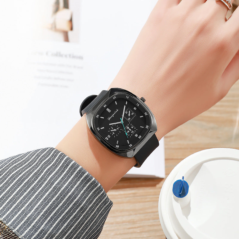 New arrivalexport women's watch three-eye fashion diamond square quartz silicone strap watch student women's watch