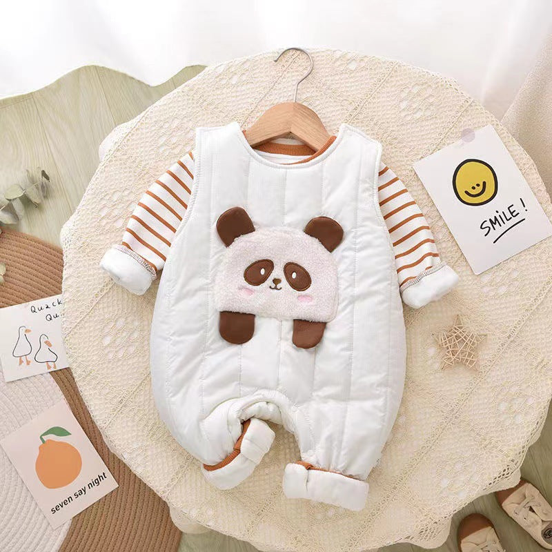 Newborn baby clothes autumn winter casual cartoon cotton-padded romper, super cute fleece-lined cotton two-piece set for baby boys