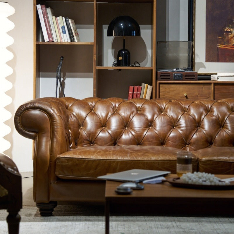American classic retro genuine leather sofa - perfect for living rooms, small to large apartments, cigar rooms, private wine cellars, wineries, and mid-century modern styles