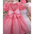 Girls'  tiktok new summer fashionable solid color princess dress with puff sleeves, hollow-out heart design, and bow detail