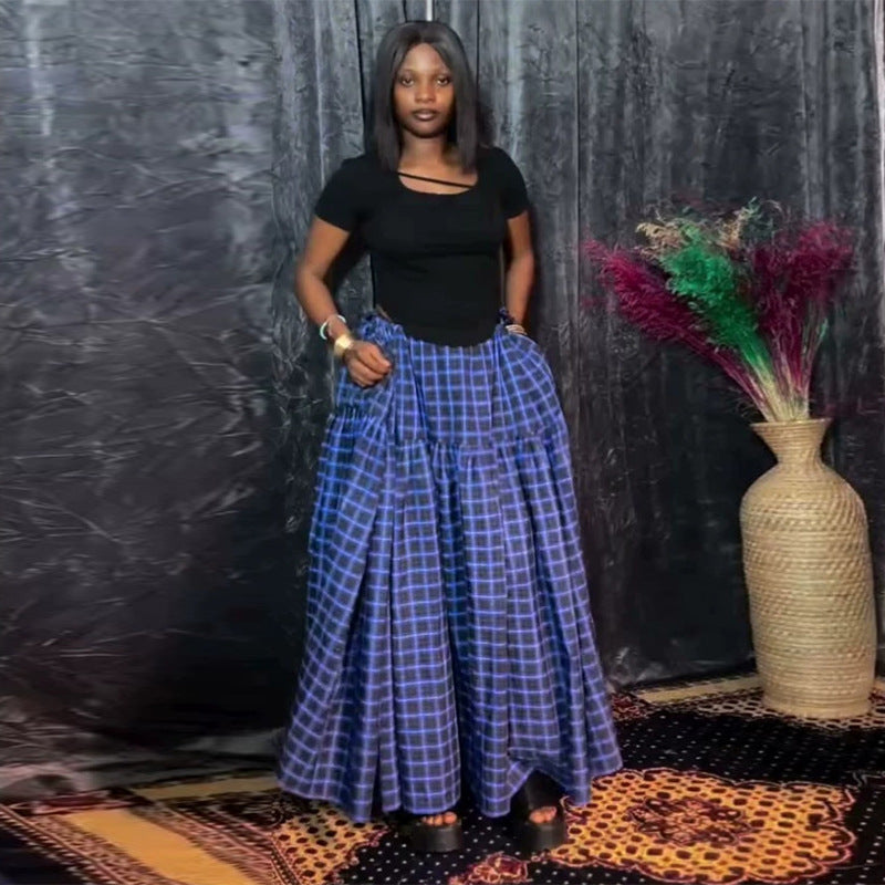 European and american cross-border women's fashion:  summer new arrivals - high-waisted, slimming, plaid, long, a-line midi skirt