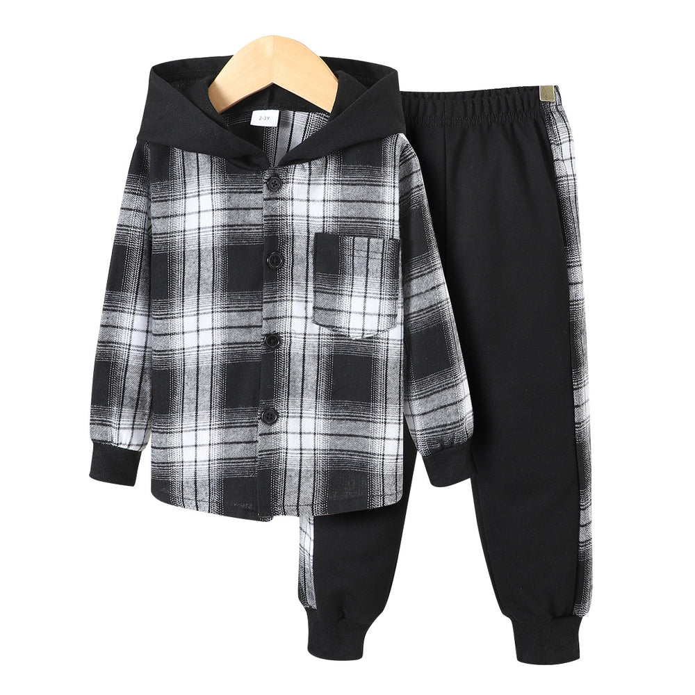 exclusive hot-selling children's autumn and winter new long-sleeved plaid color-block hooded two-piece set (top + pants)
