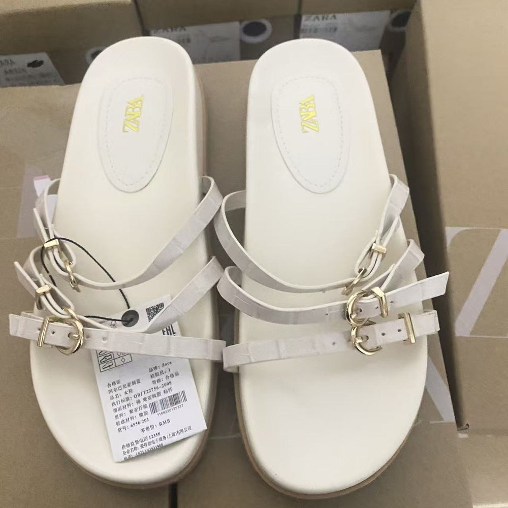 Za2025 new summer genuine leather thong sandals with buckle strap, flat open-toe casual comfortable beach slides