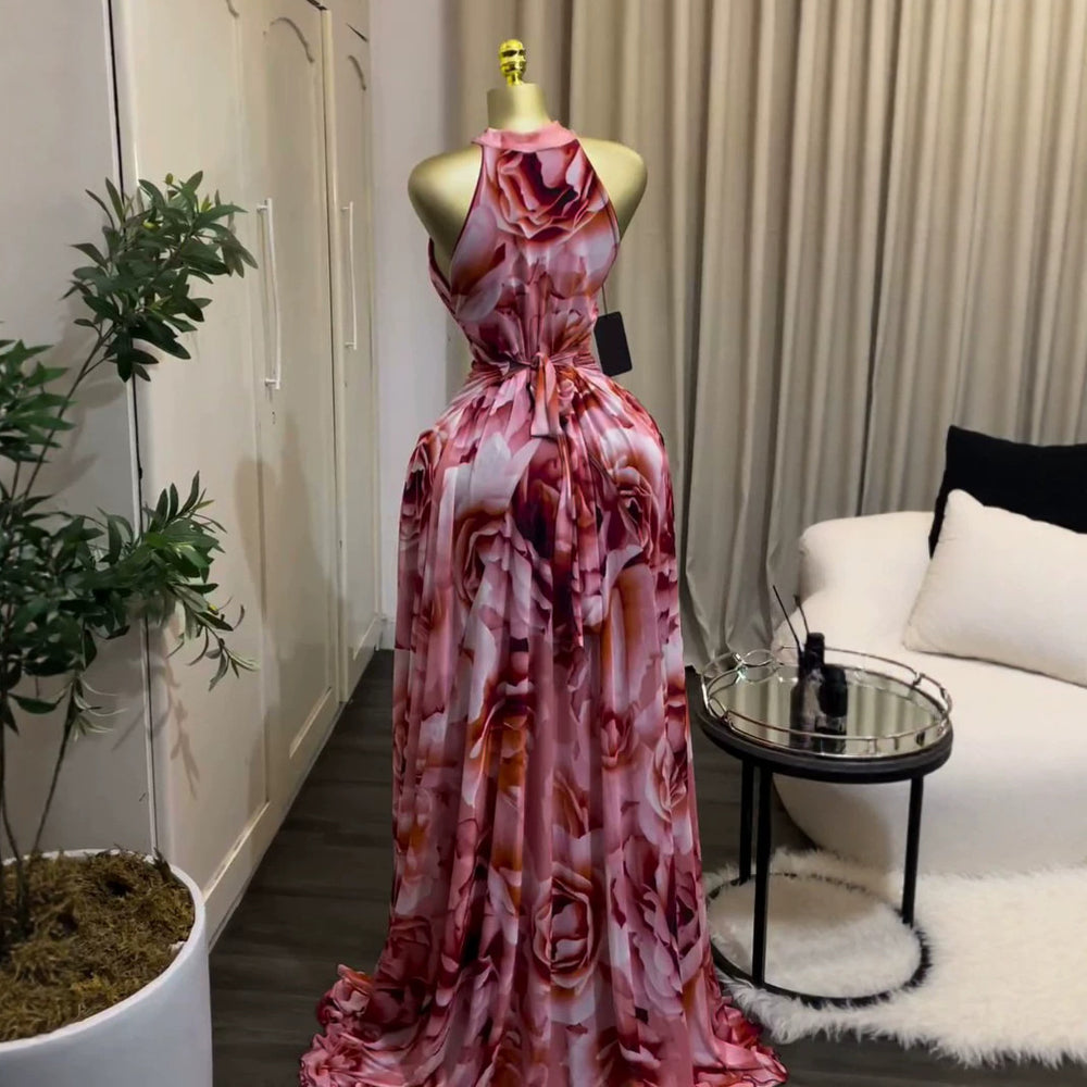 European and american cross-border women's clothing:  summer new arrival - elegant printed slim-fit sleeveless maxi dress with tie detail