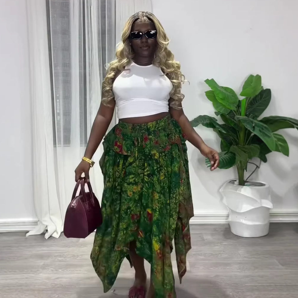 European and american cross-border women's fashion:  summer new arrival - high-waisted, slimming, elastic waist, tie-waist, asymmetrical plaid midi skirt