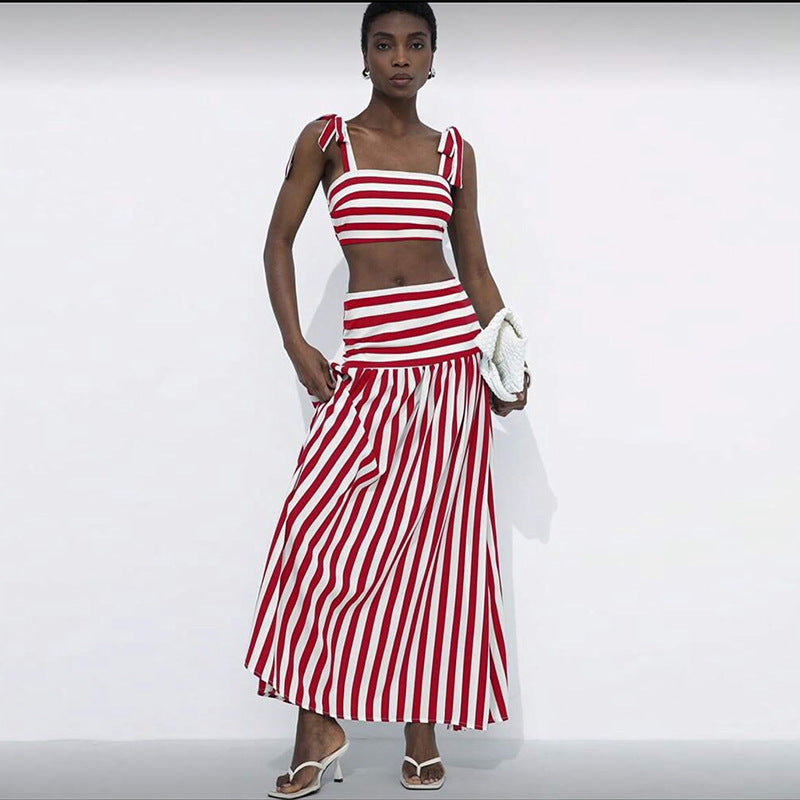 European and american style women's fall  sweet & fresh striped cami top and high-waisted slimming a-line midi skirt two-piece set