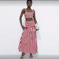 European and american style women's fall  sweet & fresh striped cami top and high-waisted slimming a-line midi skirt two-piece set