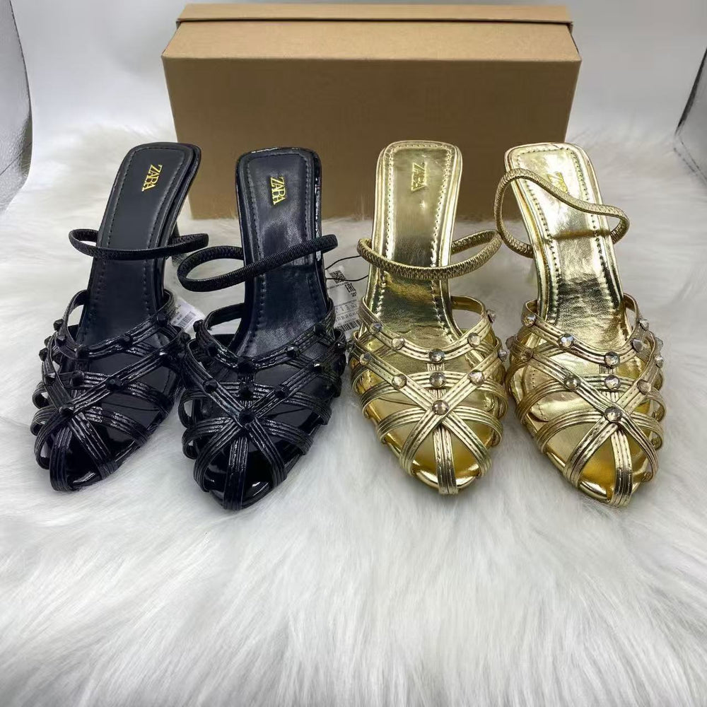 Za's 2025 new cross-border independent station ins fashion runway gold strap minimalist open-toe women's sandals