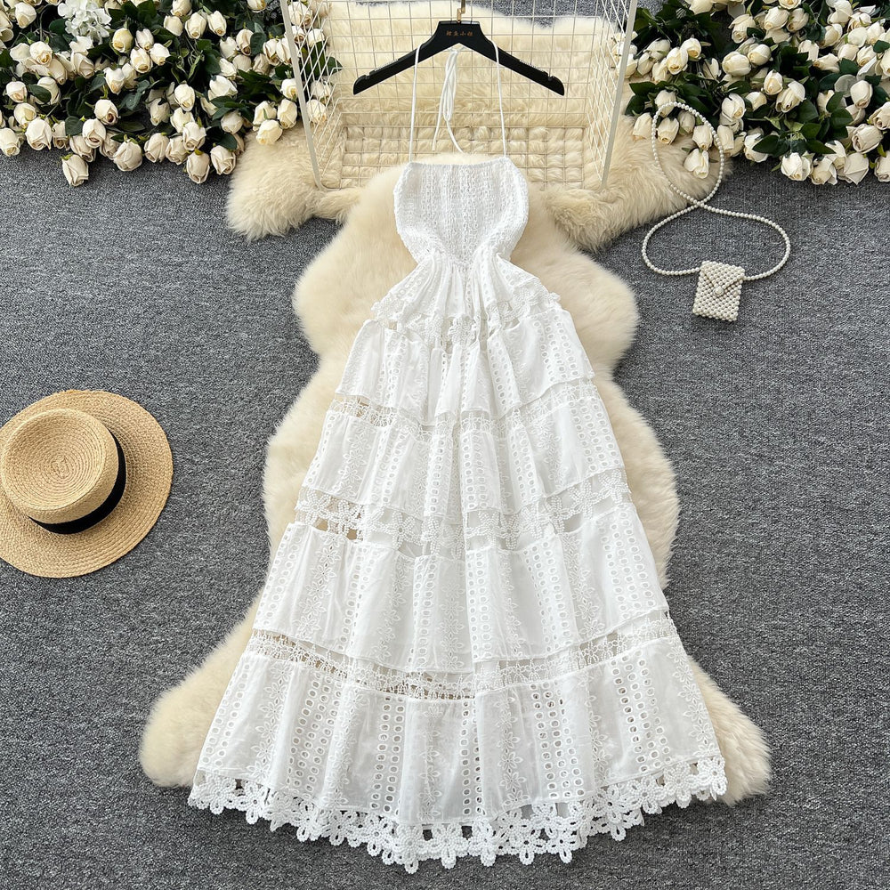 French chic halter neck backless dress - women's summer cutout crochet waist-defining elegant maxi vacation dress