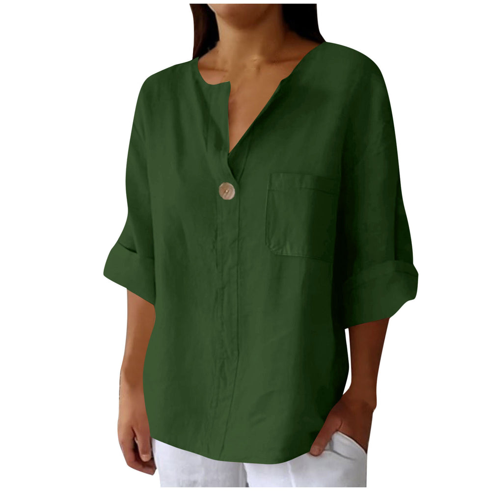 cross-border fashion summer new loose t-shirt women's v neck cotton and linen button tops