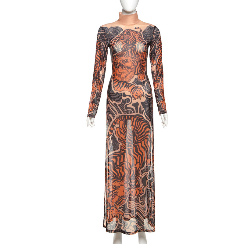 Europe, America 2025 new spring women's clothing personalized trend fashion printing semi-turtleneck mesh long high split top