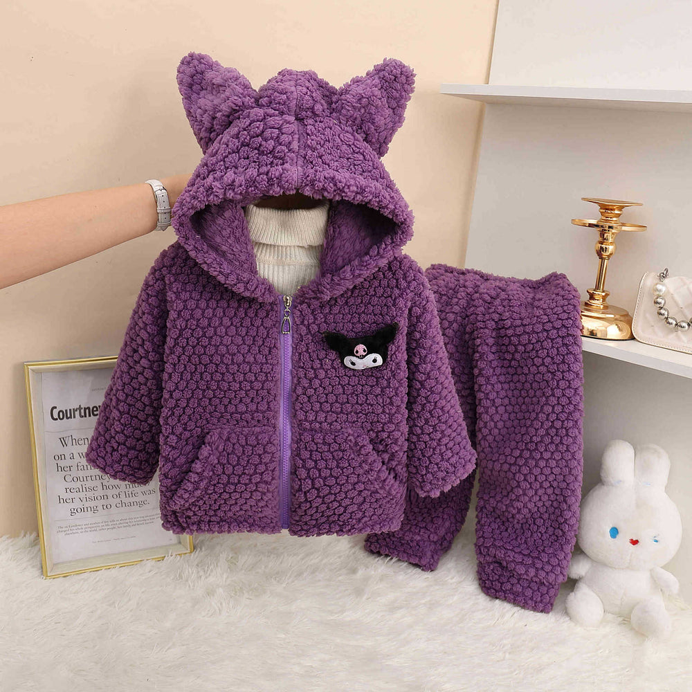 Strawberry bear baby girl flannel pajamas, boy's zip-up warm coral fleece sleepwear plush set for winter