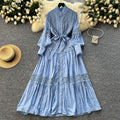 Frenchclassyretrolacepatchwork pearl single breasted slimmingelegant stand collar lantern sleeve large swing dress