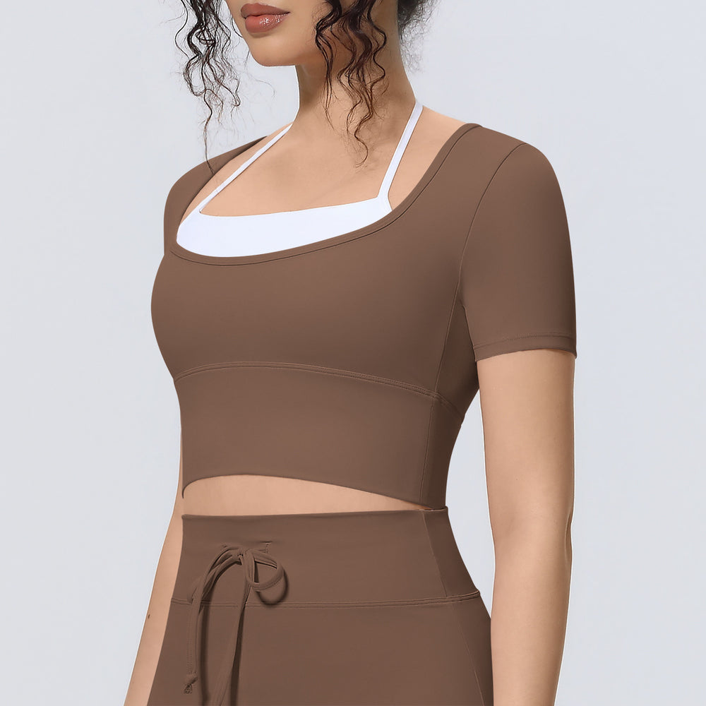 New arrival cross-border nude double-piece fake two-piece pure color short-sleeved t-shirt tops tight sports running fitness yoga clothes