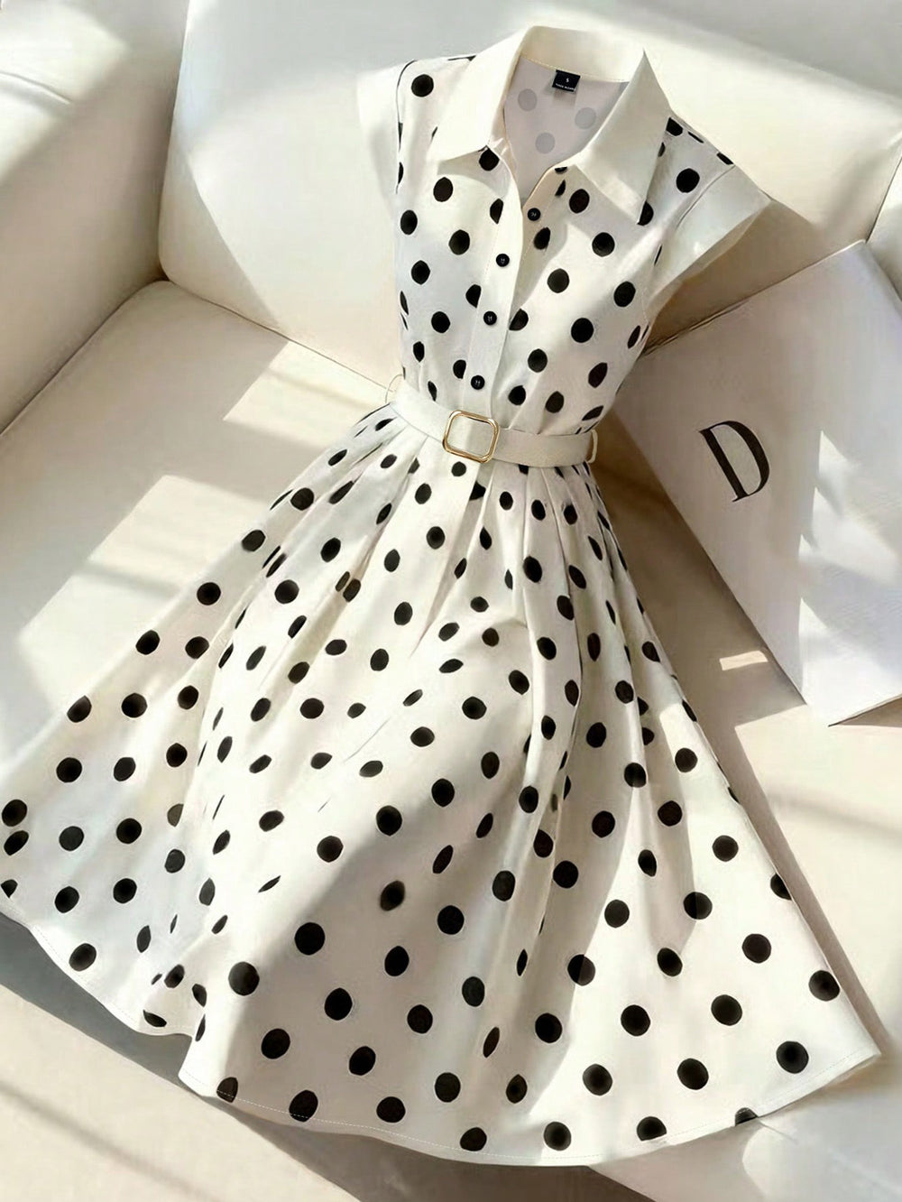 european and american cross-border polka dot lapel sleeveless dress waist large hem with belt elegant mid-length skirt foreign trade