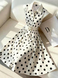 european and american cross-border polka dot lapel sleeveless dress waist large hem with belt elegant mid-length skirt foreign trade