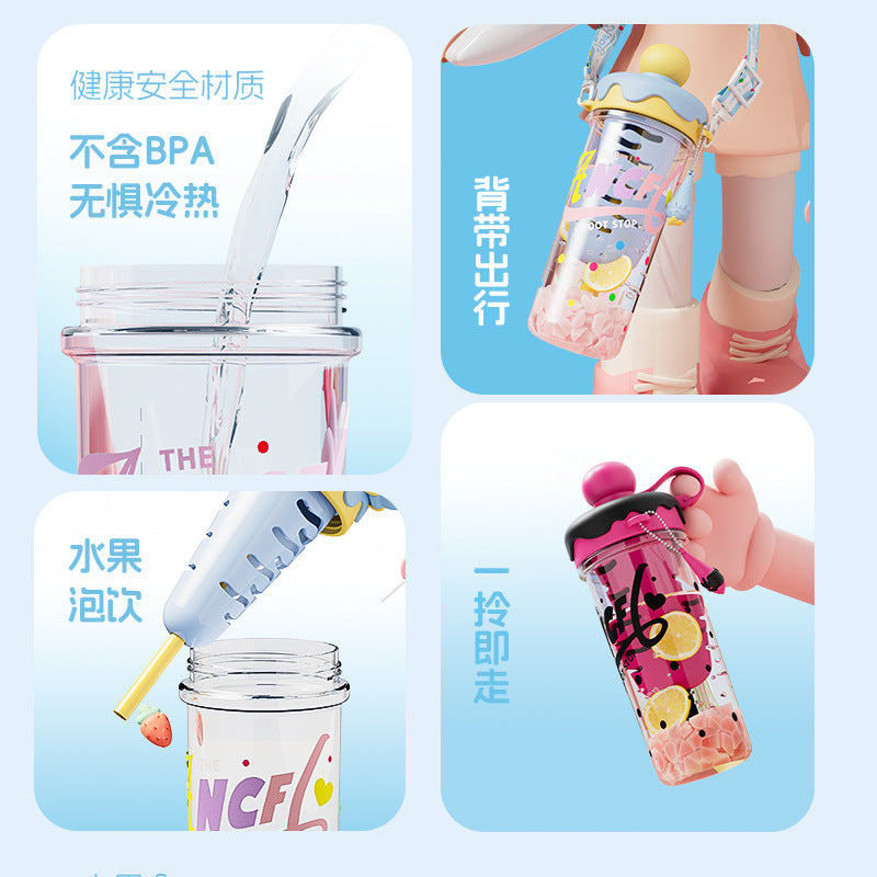 Ins style summer ice cream space water cup large capacity portable strap plastic cup tea water separation tea cup