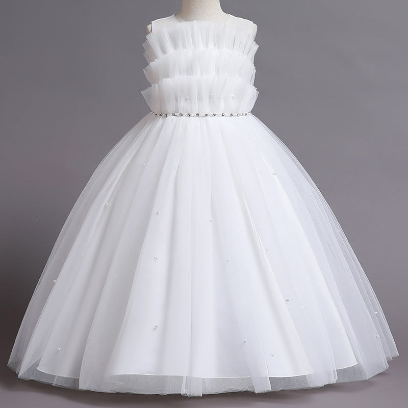 Evening dress girls' dress hostess dress princess dress mesh puffy dress summer sweet elegant one shoulder