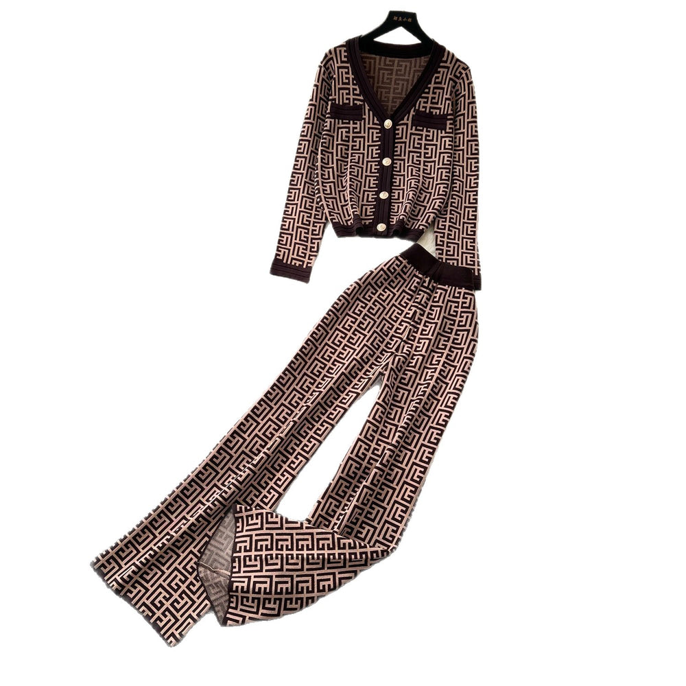 European and american chic women's autumn outfit: high-end v-neck long sleeve geometric print knit cardigan with high-waisted pants