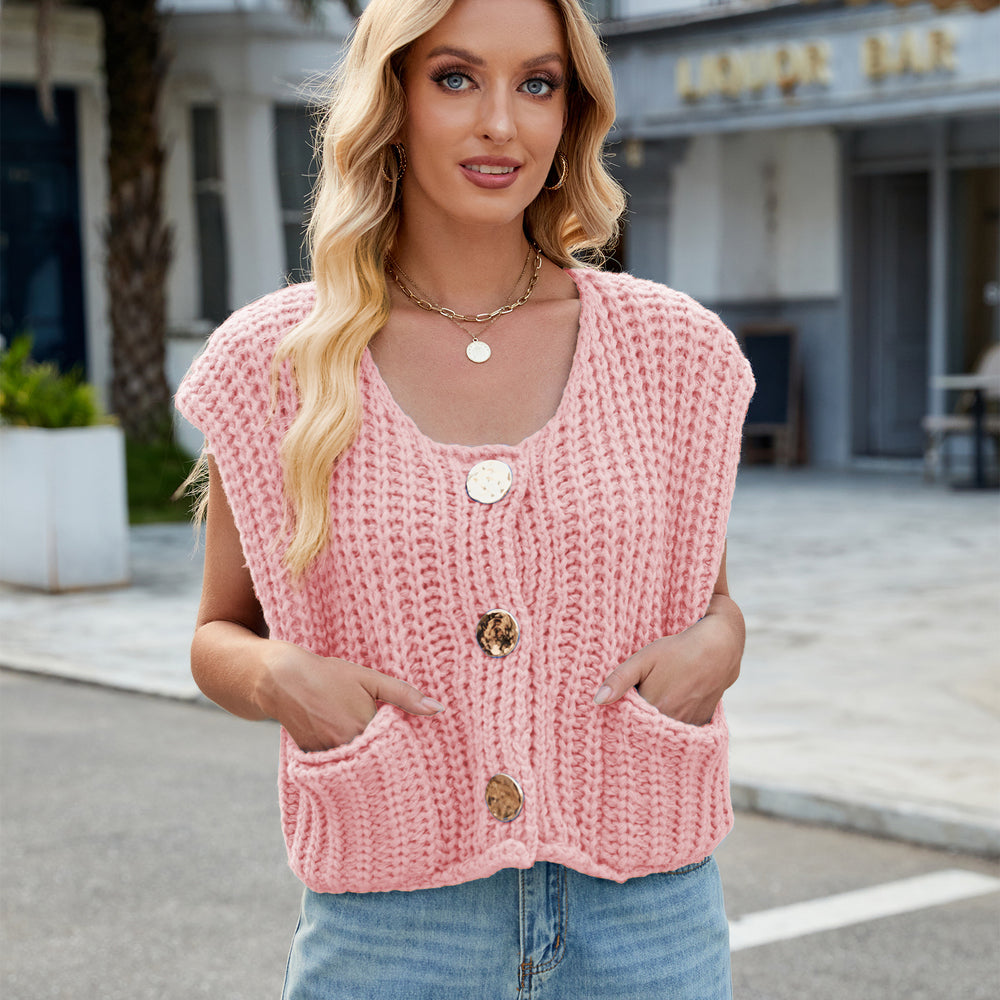 Fashion cross-border women's clothing  independent station new v-neck three-button sleeveless cardigan sweater vest