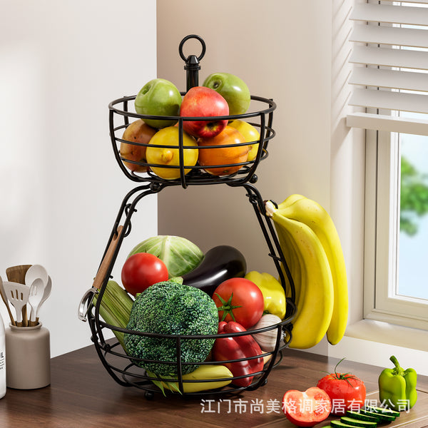 Double-layer fruit basket, living room desktop snack storage basket, portable fruit plate, banana hook, wrought iron removable fruit and vegetable basket