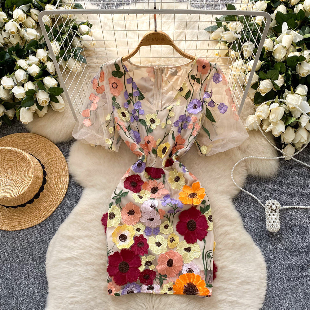 French style outfit for women french palace heavy industry embroider mesh puff sleeves waist dress for women slimming lookelegantdress