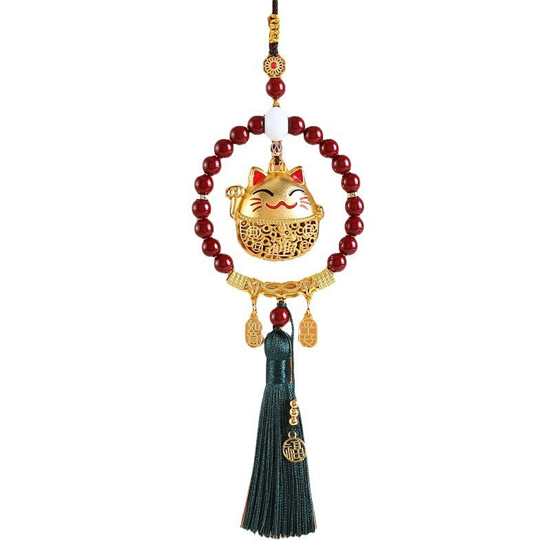 New vermilion ring bring in wealth and treasure cat ping an ruyi pendant car pendant rearview mirror creative cute car interior decoration