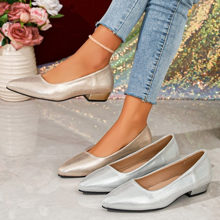 spring/autumn women's chunky heel pumps - plus size, export quality, sequined pointed toe, slip-on flats - wholesale