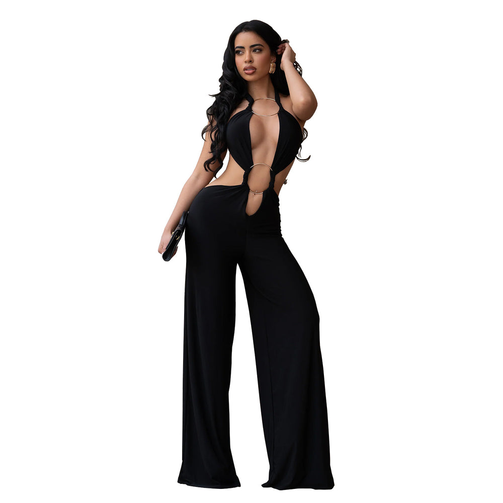 C7687 cross-border   fashion women's sexy lace-up backless solid color bodycon jumpsuit