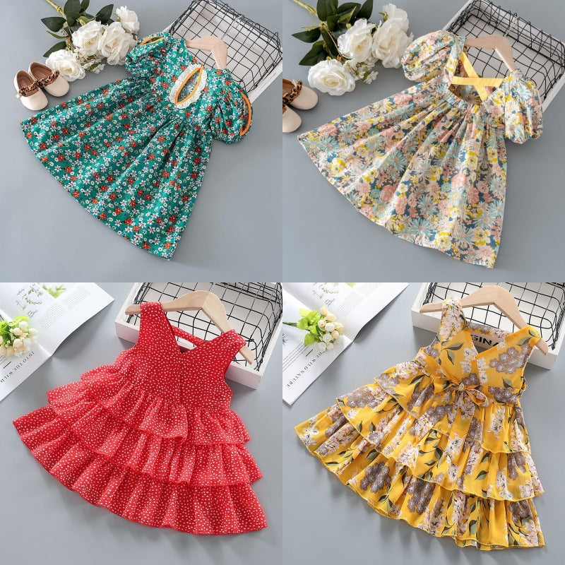 Girls' summer dresses  spring new collection - floral print short-sleeve dress for girls, children's casual dress for babies