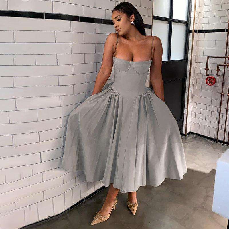 sexy A-word pocket dress 2025  tube top square neck French elegant waist suspender dress