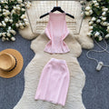 Export cross-border hot diamond halterneck vest hip-covering short skirt knittingtwo-piece set female summer silmsexyelegantsuit