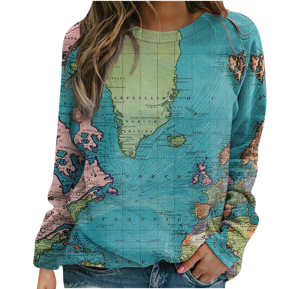 2026 amazon fashion women's o-neck map printing sweatshirt long sleeves tops in stock
