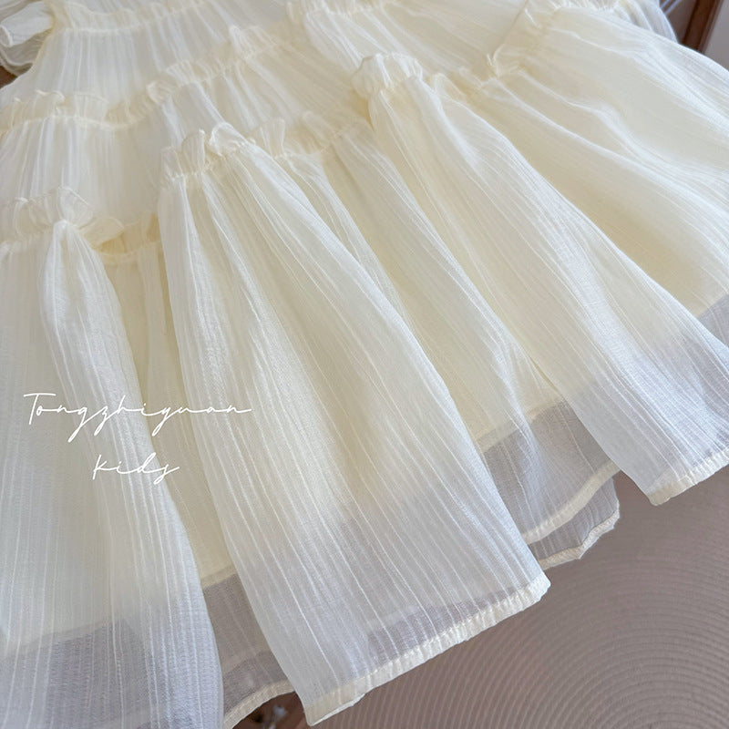 Girls' summer new beige flutter sleeve dress - baby casual style, fashionable, high-quality children's clothing, trendy brand
