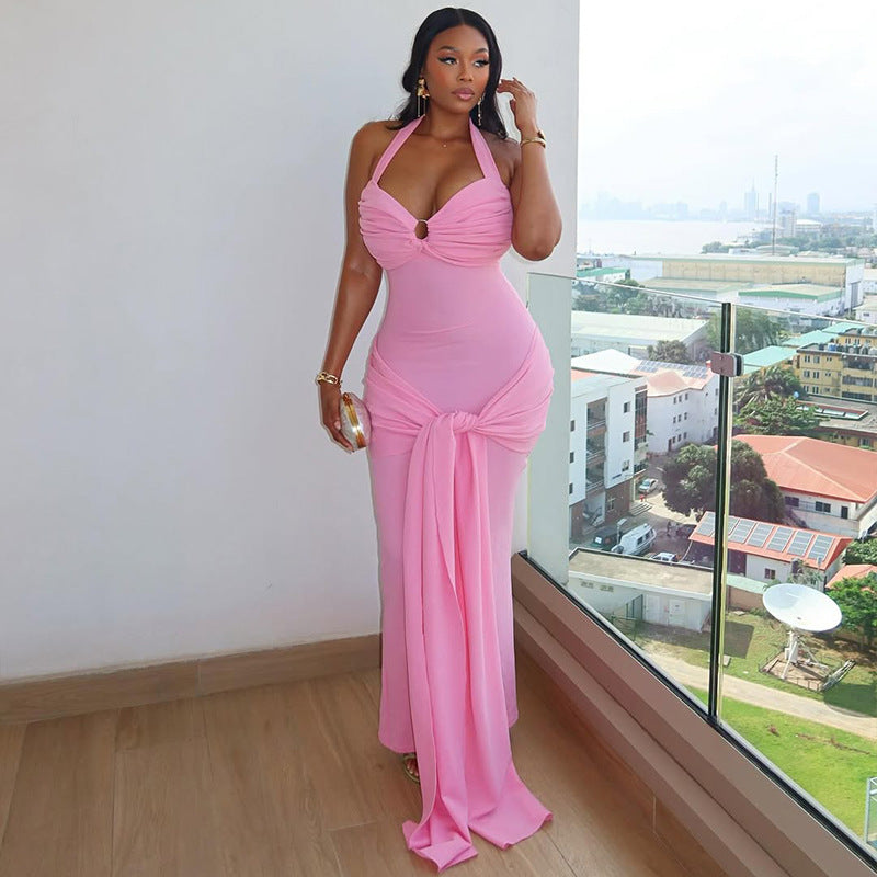 european and american style cross-border solid color women's bodycon crisscross tie-up backless ruched halter dress