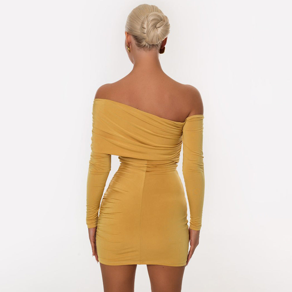 European and american women's clothing  new fashion one-shoulder off-the-shoulder ruched sexy slimming bodycon dress wholesale