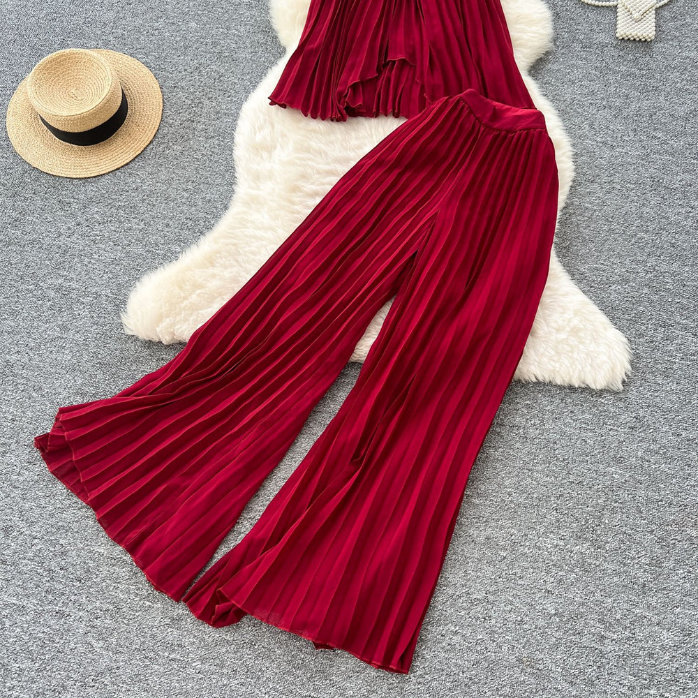 Pure desire vacation suit women's atmosphere halter strap asymmetrical pleated tops high waistloosecasual pants suit