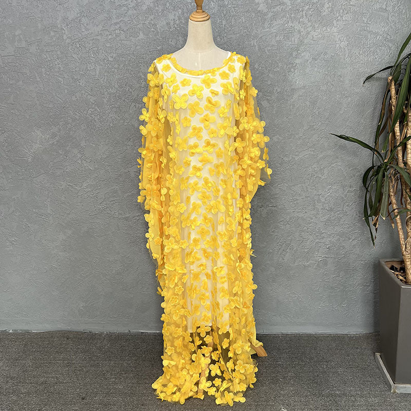 supply stereo embroidered flower mesh round neck bat sleeve looseplus size robe + vest african women's clothing clearance