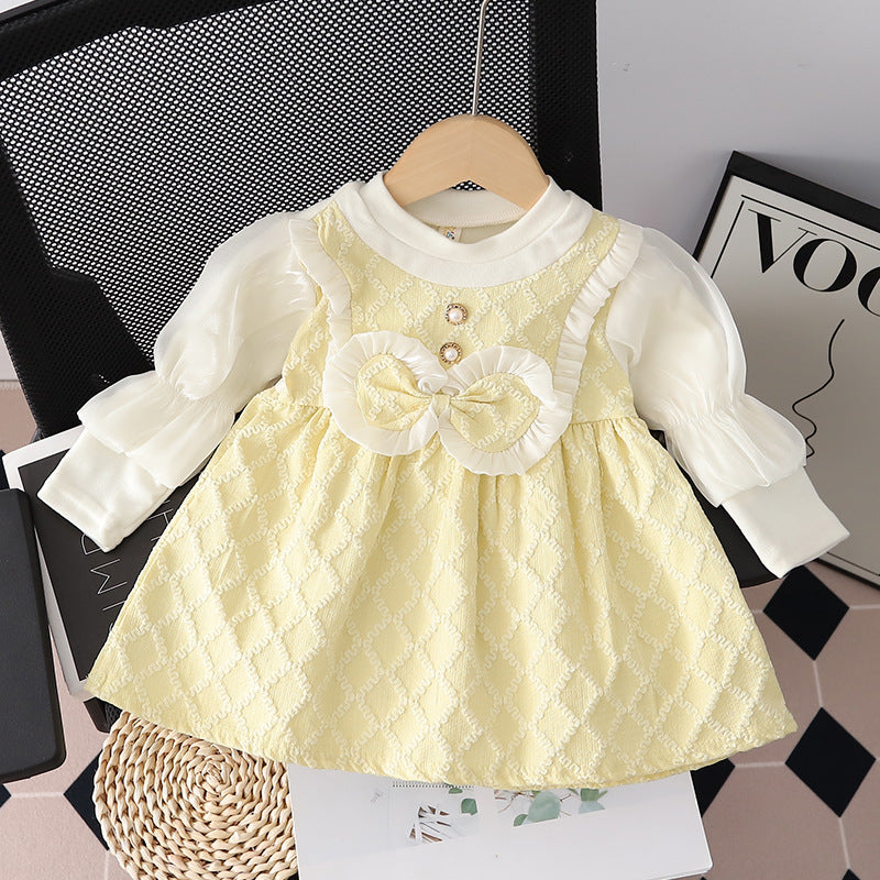 Girls' chanel-inspired dress - spring/autumn style - kids' skirt with puff sleeves, bow detail, round neck, suspender skirt, faux two-piece trendy design