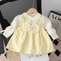 Girls' chanel-inspired dress - spring/autumn style - kids' skirt with puff sleeves, bow detail, round neck, suspender skirt, faux two-piece trendy design