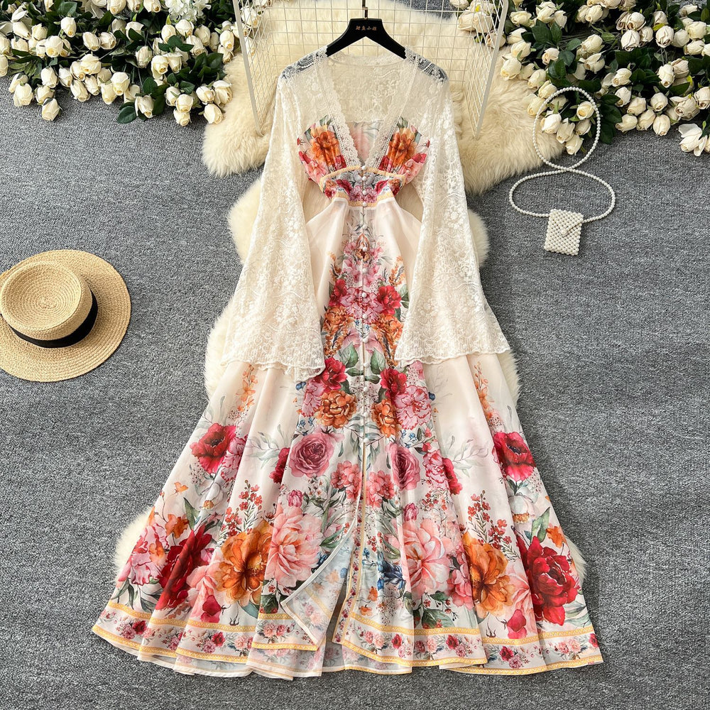 European and american fashion vacation style dress - women's spring collection - court style deep v-neck lace flare sleeve single-breasted printed maxi dress