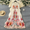 European and american fashion vacation style dress - women's spring collection - court style deep v-neck lace flare sleeve single-breasted printed maxi dress